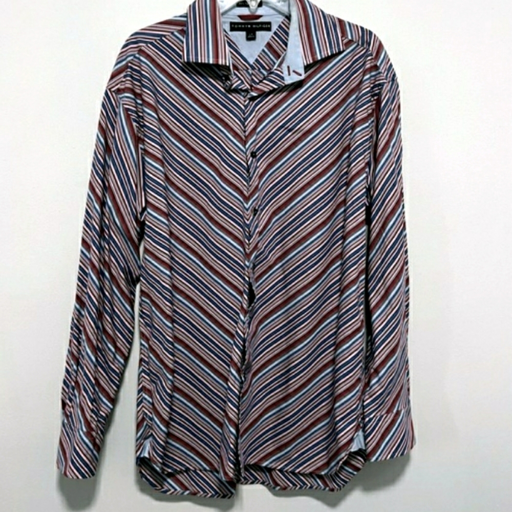 Tommy Hilfiger Blue Red Striped Button Front Casual Shirt Men's Large